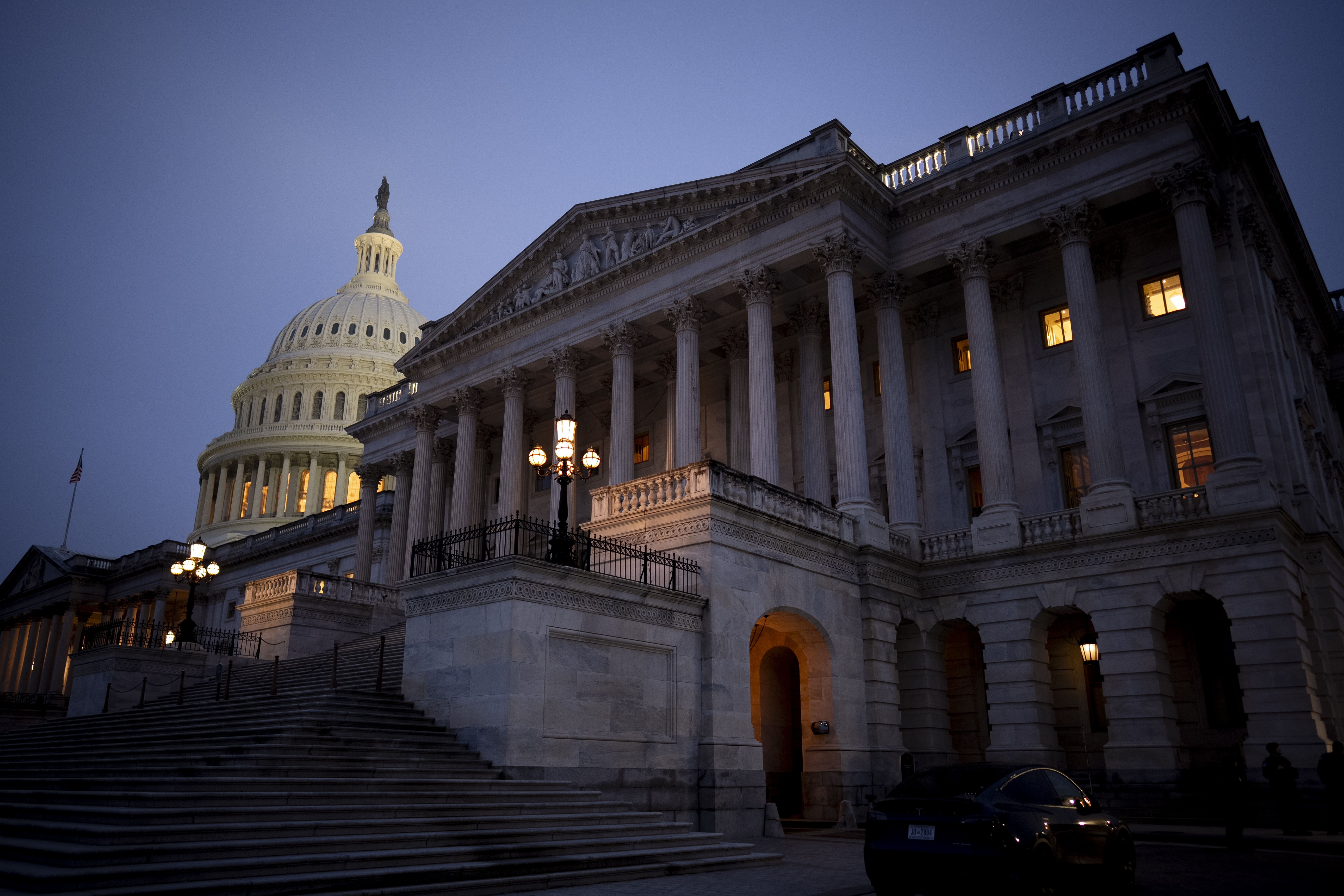 The U.S. Capitol is visible in the early morning hours on April 2, 2026.