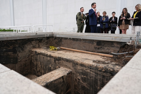 Matt Floca, executive director of the John F. Kennedy Center for the Performing Arts, shows an expansion joint during a media tour on April 22.