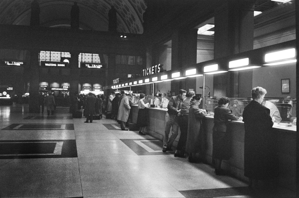 Passengers at the ticket counter at Union Station in November 1958. The station became less busy as planes and cars became more popular modes of travel.