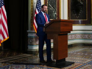 Homeland Security Secretary Markwayne Mullin speaks at the Eisenhower Executive Office Building earlier this summer. The former senator from Oklahoma replaced Kristi Noem at DHS in March.