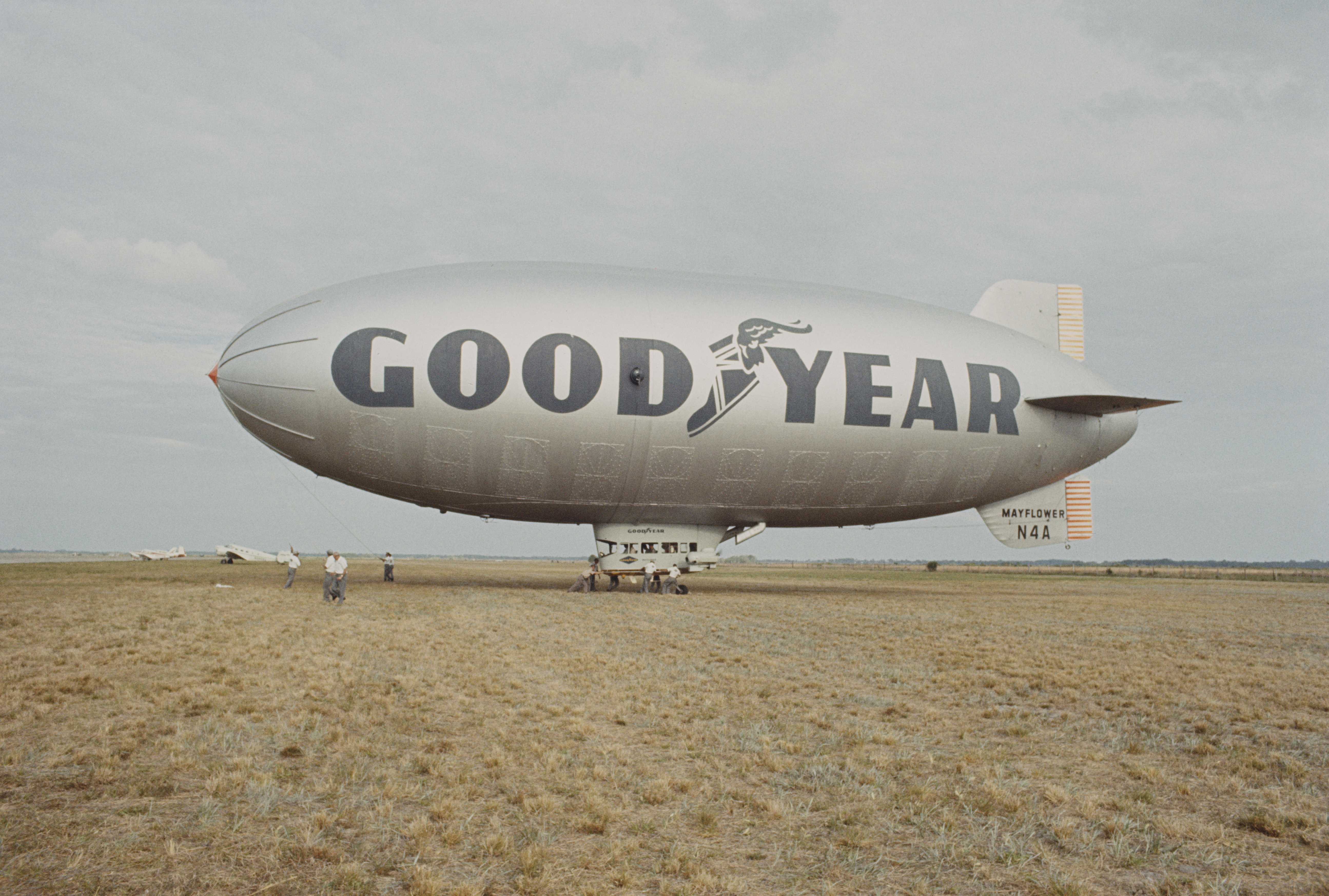 A Goodyear Blimp, circa 1960. The airships have acted as massive, floating billboards for Goodyear tires since 1925.