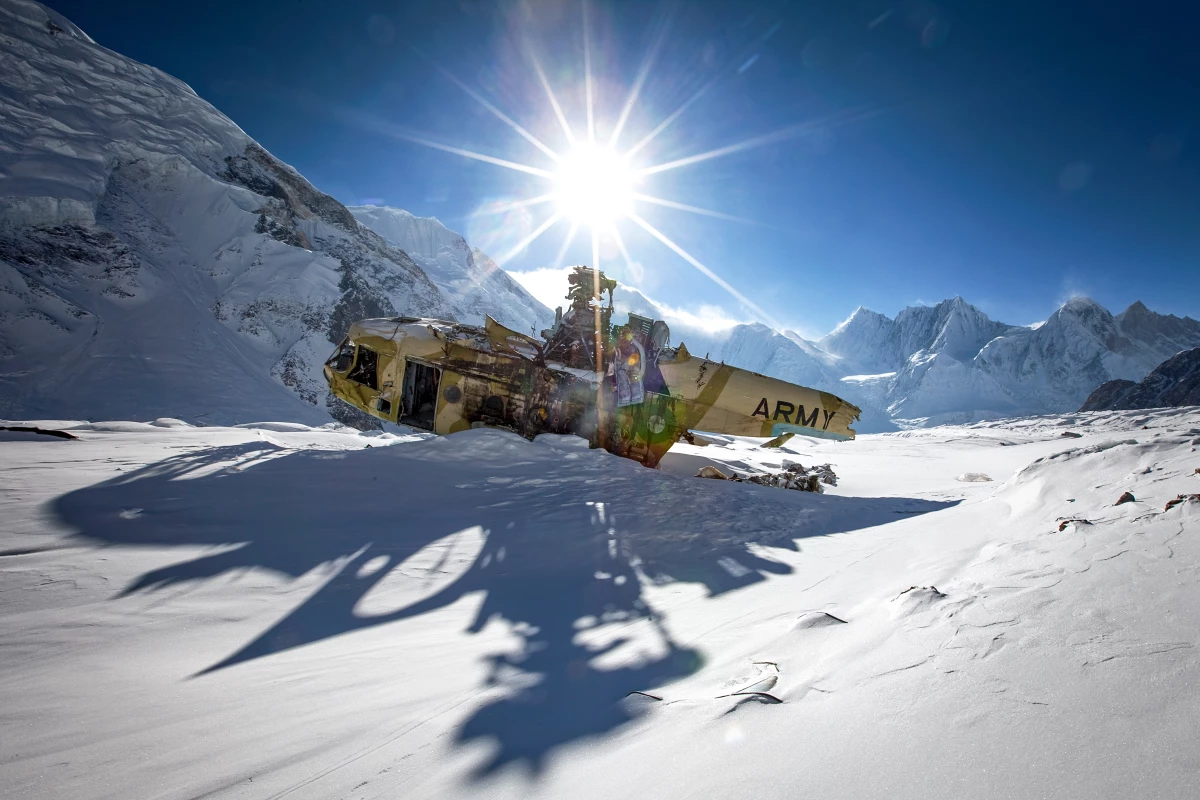 A Pakistani army helicopter near Gasherbrum II base camp, Karakorum Himalaya, during winter 2010.