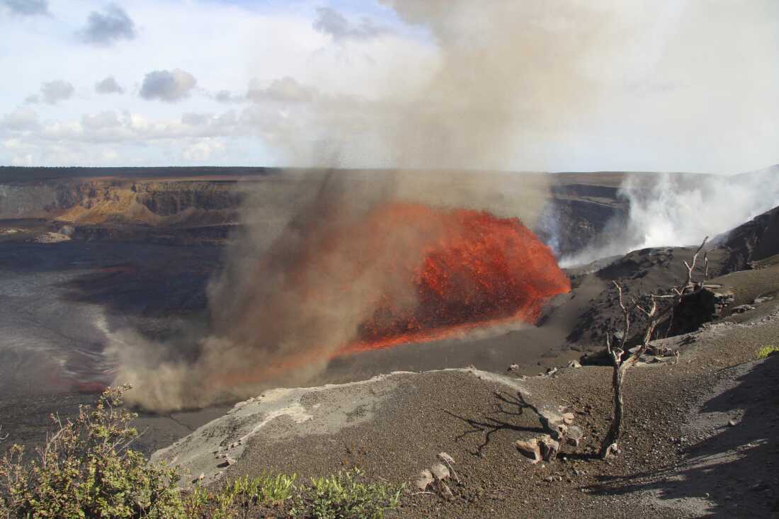 In this image released by the U.S. Geological Survey, the Kilauea volcano spews lava on Friday, Aug. 22, 2025, in Hawaii Volcanoes National Park, Hawaii.