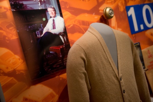 President Jimmy Carter's cardigan is displayed at the Smithsonian's National Museum of American History in Washington on June 16, 2015. 