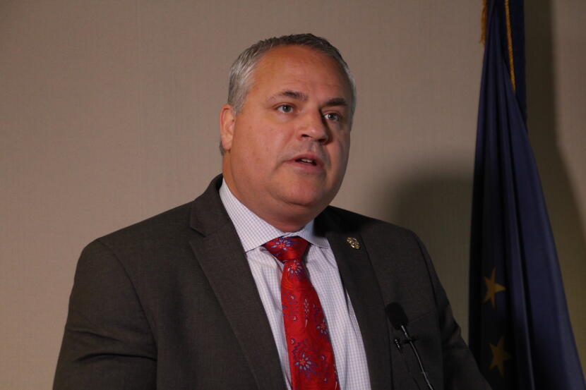 Alaska Attorney General Treg Taylor speaks to reporters in Anchorage on July 17, 2024.
