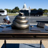 A bronze art installation depicting a pile of feces on former House Speaker Nancy Pelosi's desk pictured on the National Mall near the U.S. Capitol.