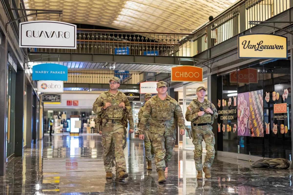 National Guard members patrol Union Station earlier this month.