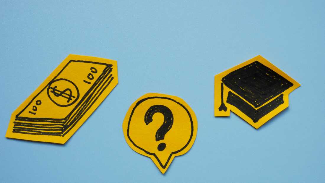 Illustrations of money, a mortarboard and a question mark.
