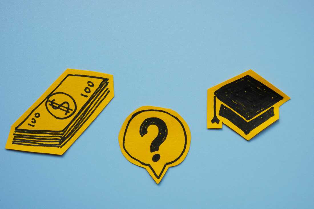 Illustrations of money, a mortarboard and a question mark.