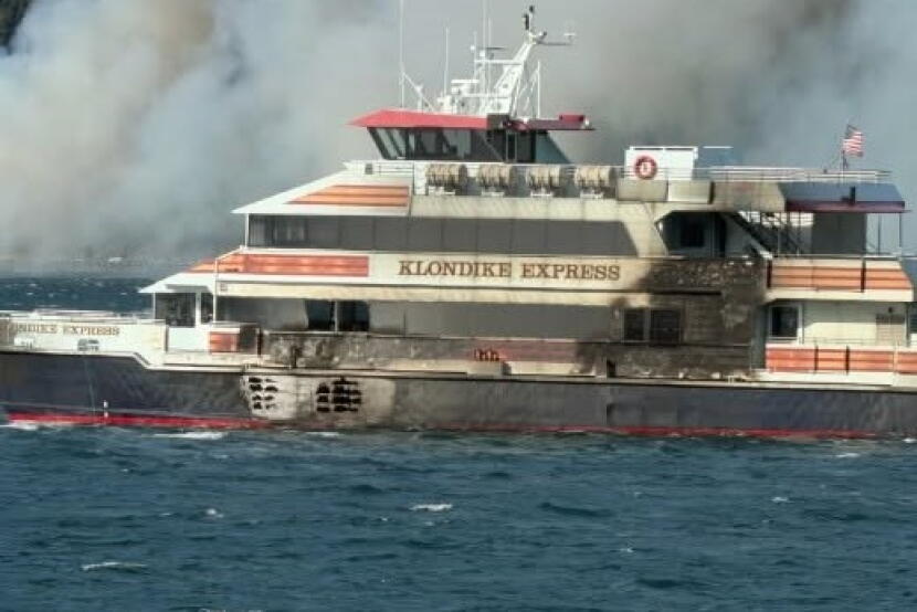 The Klondike Express on Monday, Sept. 14, 2026, after it ignited in Whittier. No one was aboard.