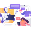 This illustration shows people chatting with a robot, symbolizing the use of AI chatbots.