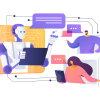 This illustration shows people chatting with a robot, symbolizing the use of AI chatbots.