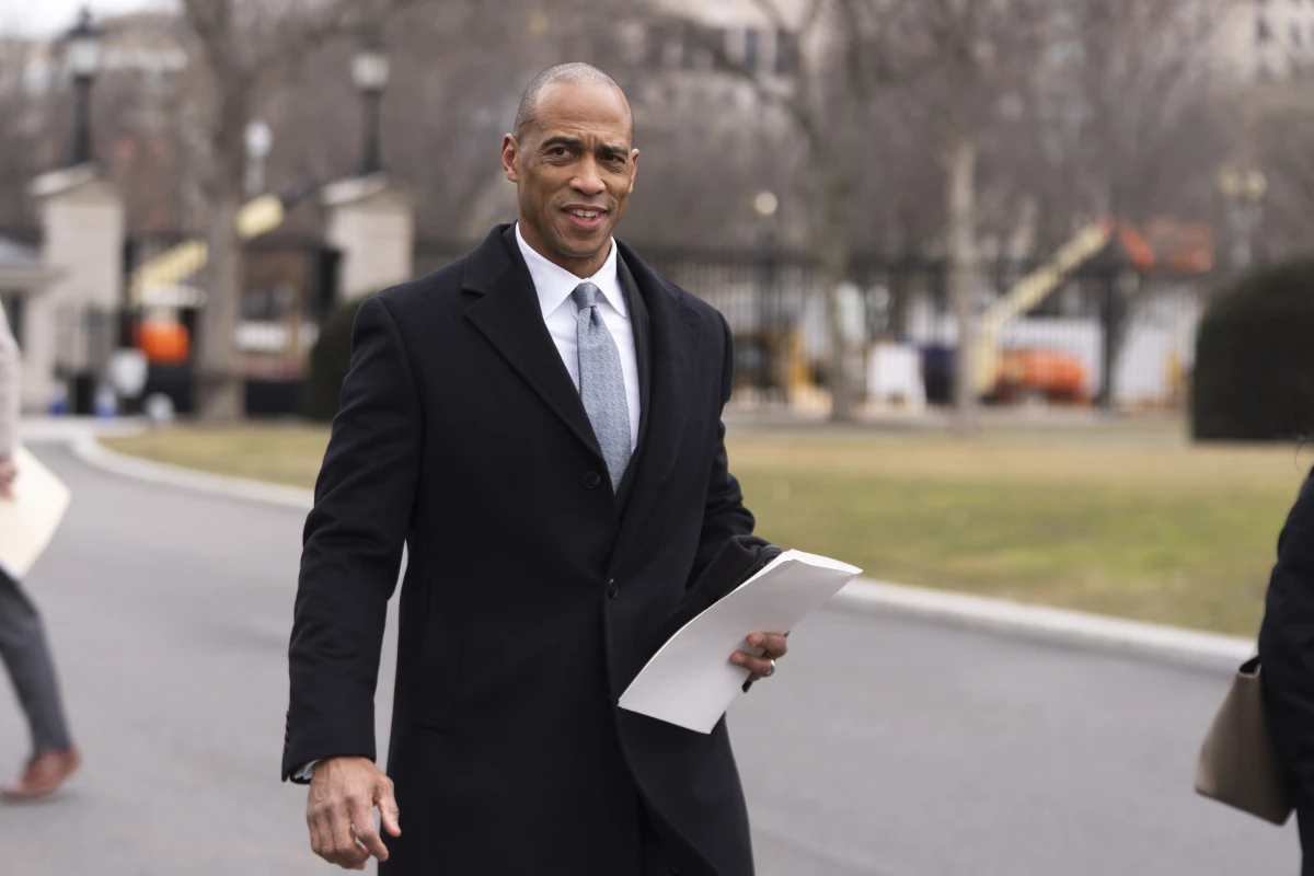 Housing and Urban Development Secretary Scott Turner, pictured in February following a TV interview at the White House, has said he is taking inventory of every HUD program and process to become more efficient and will 'cut and consolidate as necessary.'