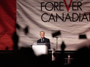 Canadian Prime Minister Mark Carney speaks at a rally hosted by Forever Canadian on Canadian Unity at the Edmonton Expo Center in Edmonton, Alberta, Canada on Oct. 16, 2026.