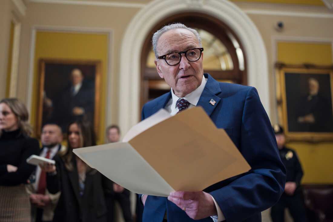 Senate Minority Leader Chuck Schumer, D-N.Y., waits to speak to reporters following a closed-door meeting with fellow Democrats on Wednesday.