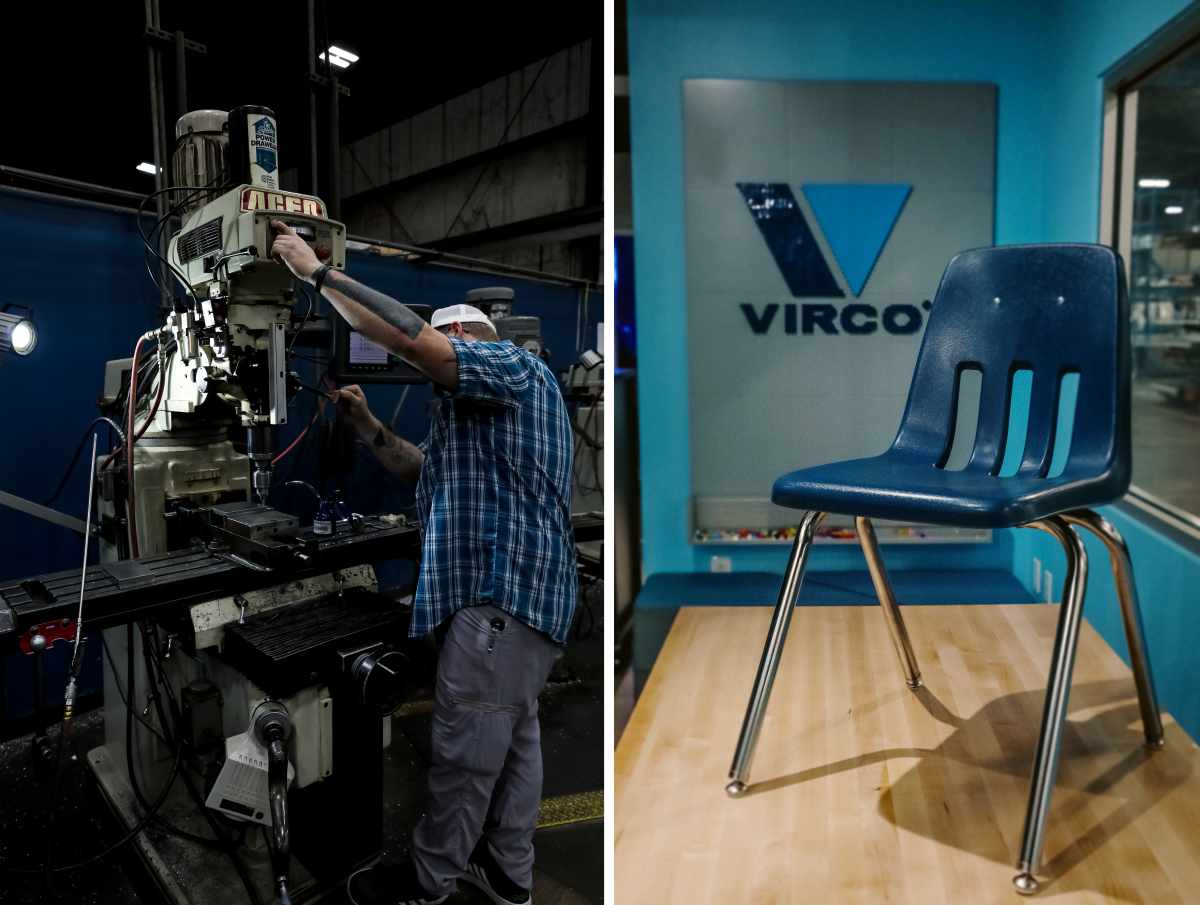Left: Apprentice Caleb Moss starts his day at Virco Manufacturing in Conway, Ark., at 4:30 a.m. Right: Virco's best-selling product, the 9000 Series chair.