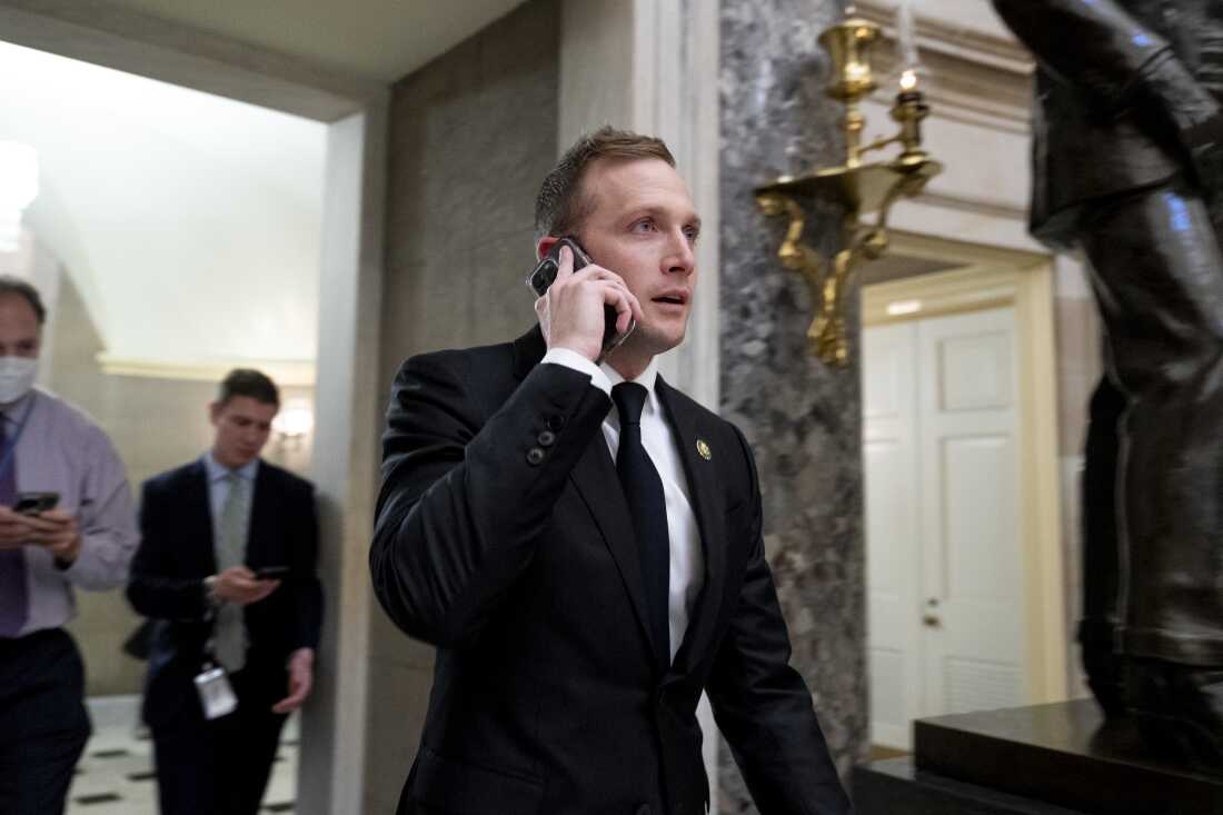 Rep. Max Miller, R-Ohio, walks out of a meeting with Steve Scalise on Capitol Hill, Oct. 2023.
