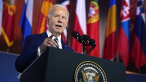 President Joe Biden delivers remarks on the 75th anniversary of NATO at the Andrew W. Mellon Auditorium, Tuesday, July 9, 2024, in Washington. (AP Photo/Evan Vucci)