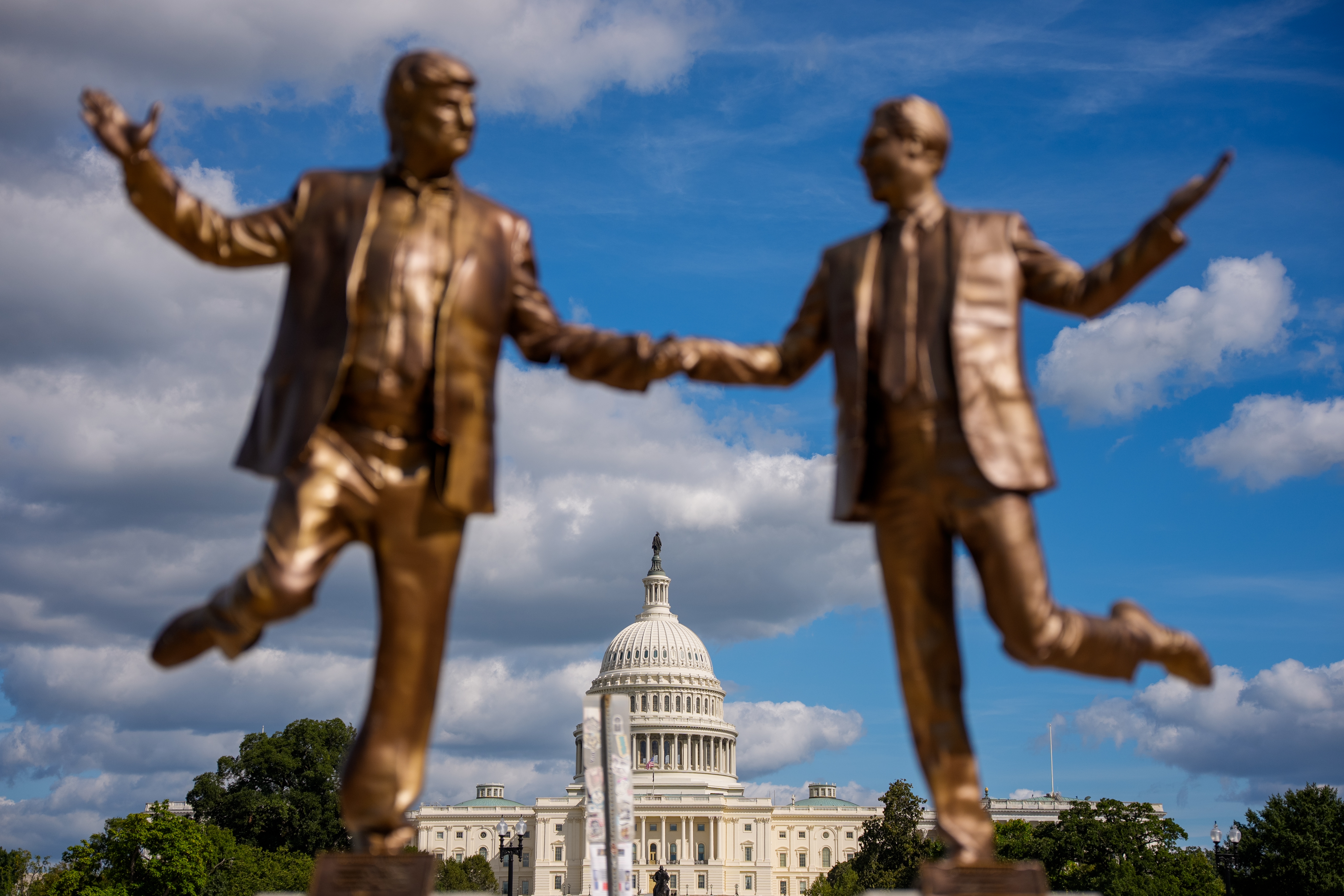 A statue of President Trump and disgraced financier Jeffrey Epstein holding hands returned to the National Mall on Thursday, in full view of the U.S. Capitol.