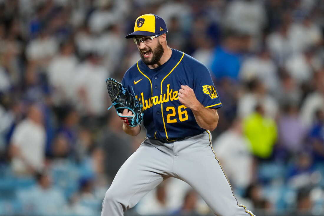 Milwaukee Brewers pitcher Aaron Ashby celebrates the final out of Game 4 of baseball's National League Championship Series between the Milwaukee Brewers and the Los Angeles Dodgers, Thursday, Oct. 15, 2026, in Los Angeles.