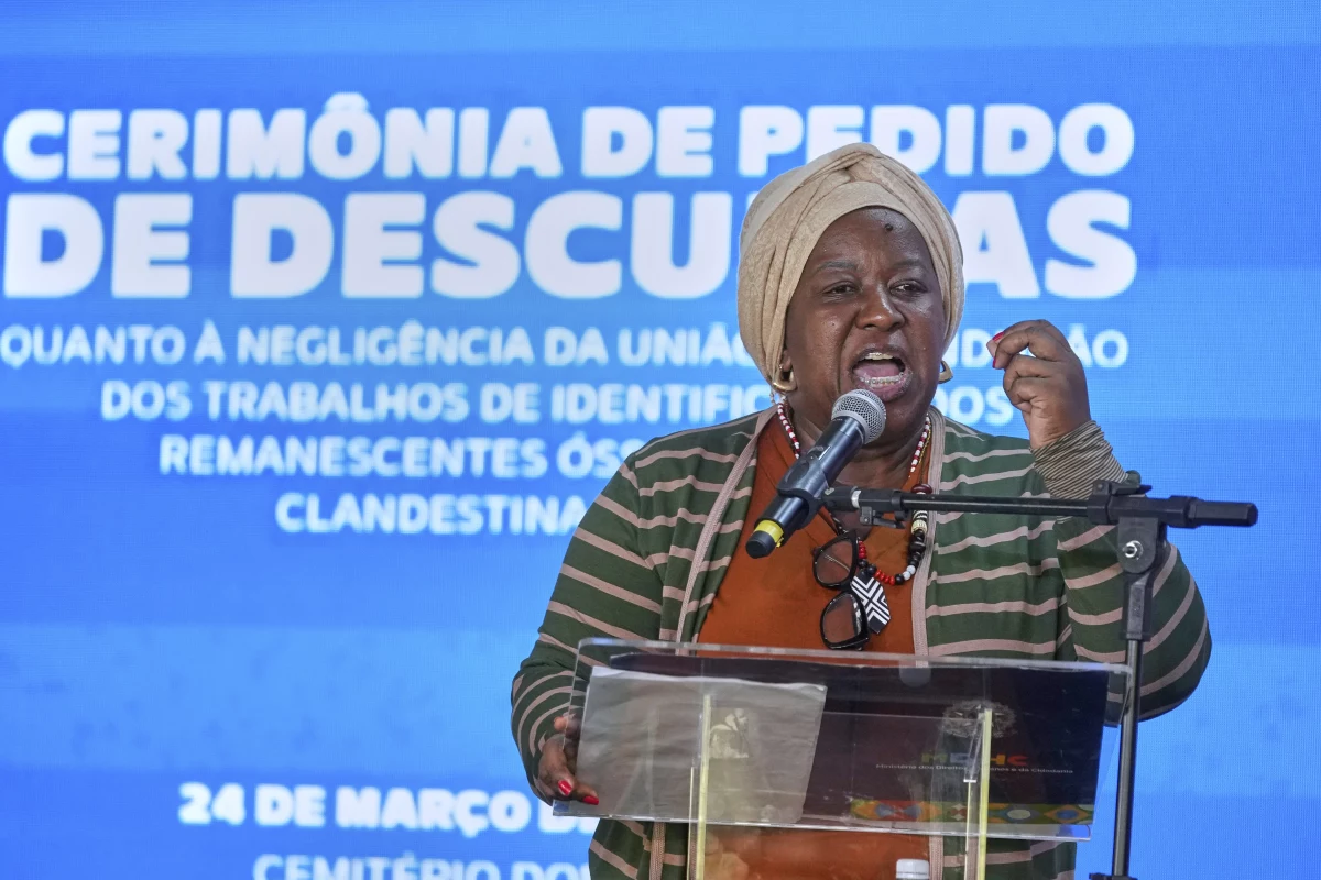 Brazilian Minister of Human Rights Macae Evaristo speaks at a government ceremony to apologize to families of victims of the country's military dictatorship (1964-1985) at the Dom Bosco cemetery in Sao Paulo, Monday, March 24, 2025.