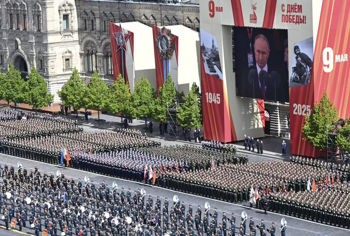 Russian servicemen take part in the Victory Day military parade in Moscow, Russia, Friday, May 9, 2025, marking the 80th anniversary of the Soviet Union's victory over Nazi Germany during the World War II.
