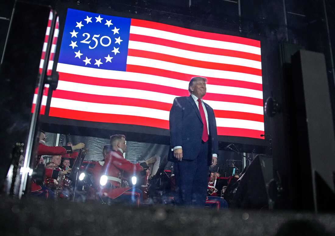 President Trump arrives at a rally to kick off the Great American State Fair, which is part of the Freedom 250 celebration, on the National Mall on June 24.