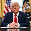 President Trump speaks to the press from the Oval Office on Monday.