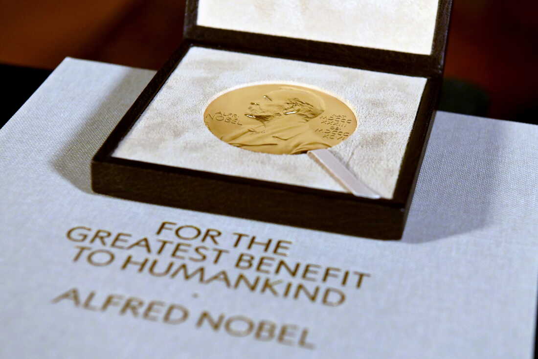 FILE - A Nobel diploma and medal are displayed, Dec. 8, 2020, during a ceremony in New York.