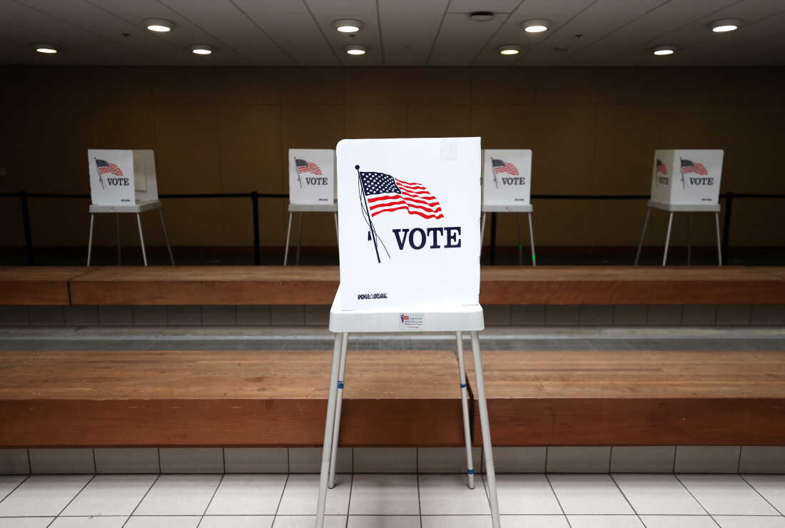 A view of voting booths at the Santa Clara County registrar of voters office in San Jose, Calif.