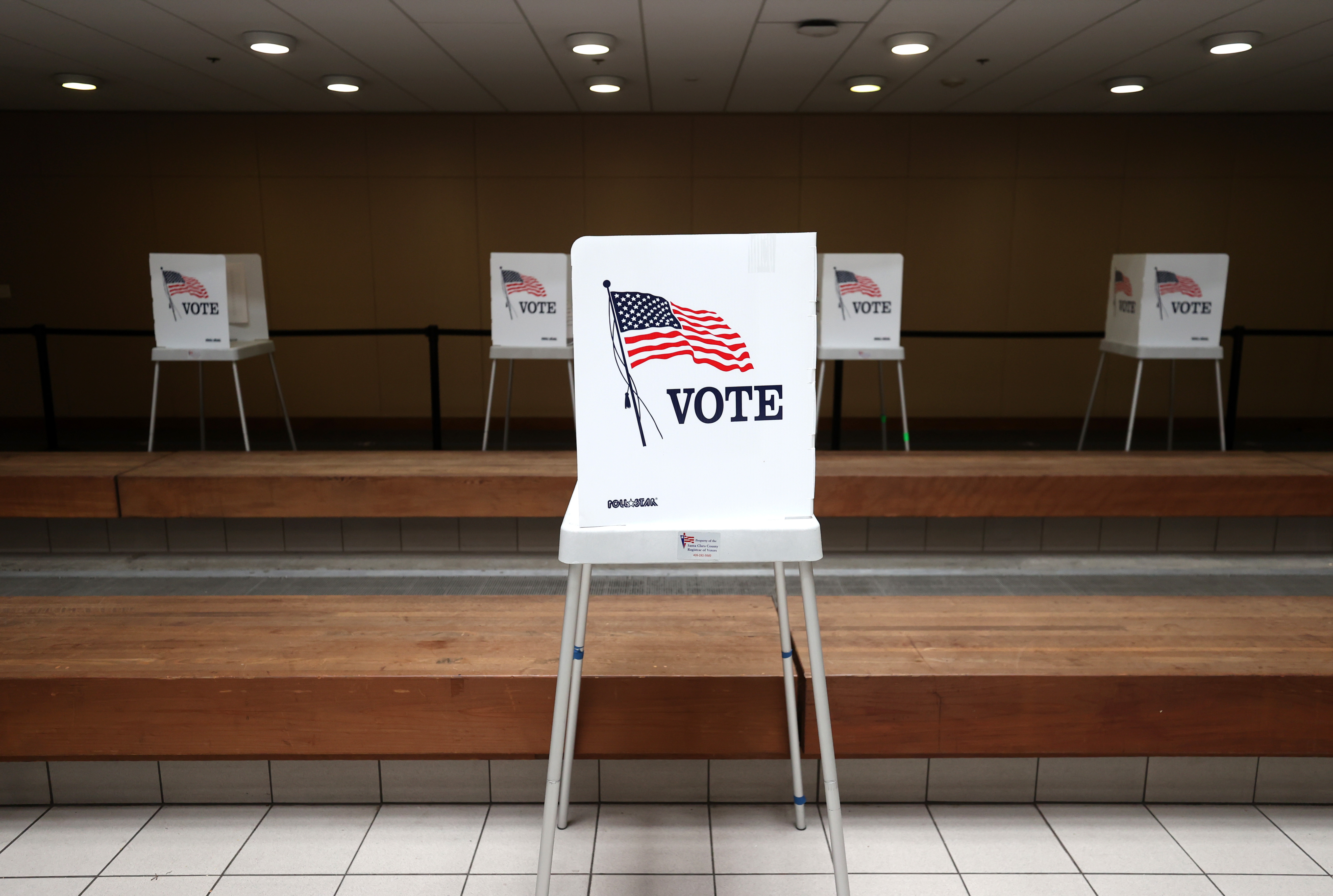 A view of voting booths at the Santa Clara County registrar of voters office in San Jose, Calif.