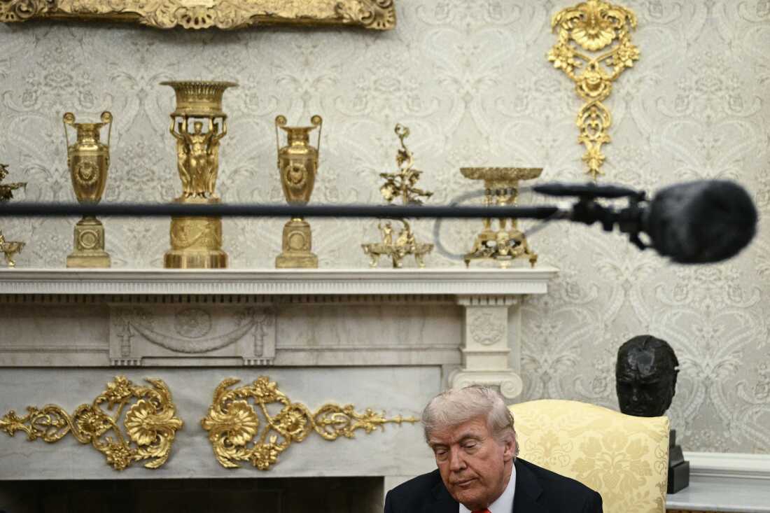 President Trump in the Oval Office on June 5, 2025. He has overhauled the decor of the room with gold ornaments, more framed portraits, and a copy of the Declaration of Independence.