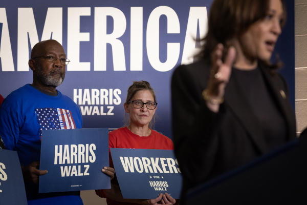 Vice President Harris speaks at a campaign stop at a United Autoworkers hall on Oct. 18, 2024 in Lansing, Mich.