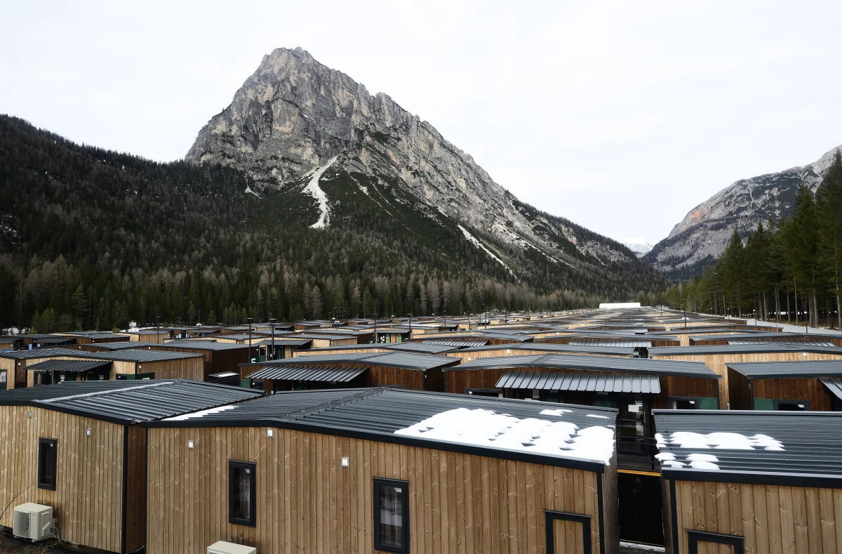 Part of the Cortina athletes village, seen in December in Fiames, near Cortina d'Ampezzo, Italy.