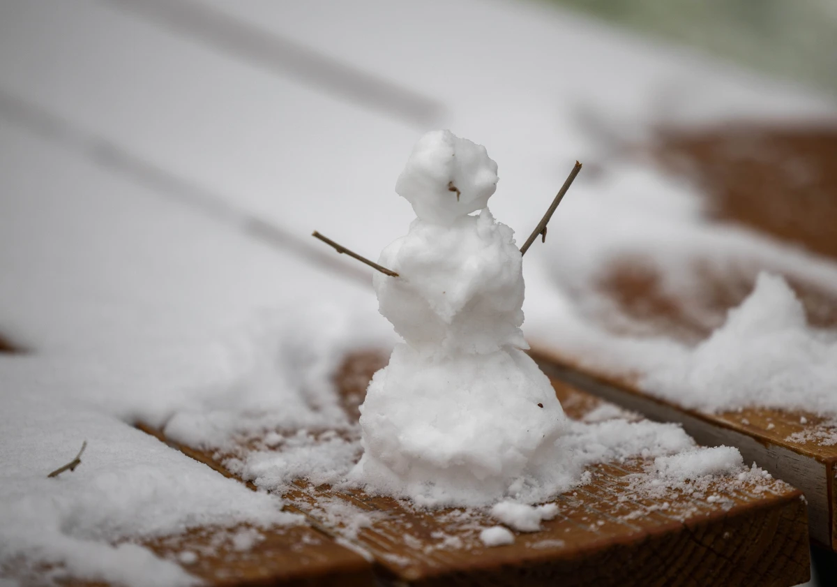Austin, Texas: A tiny snowman sits on a picnic table as snow dusts the ground in south Austin on  Jan. 21.