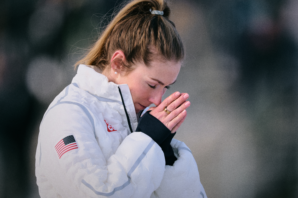 Gold medalist Mikaela Shiffrin celebrates her win in women's slalom.