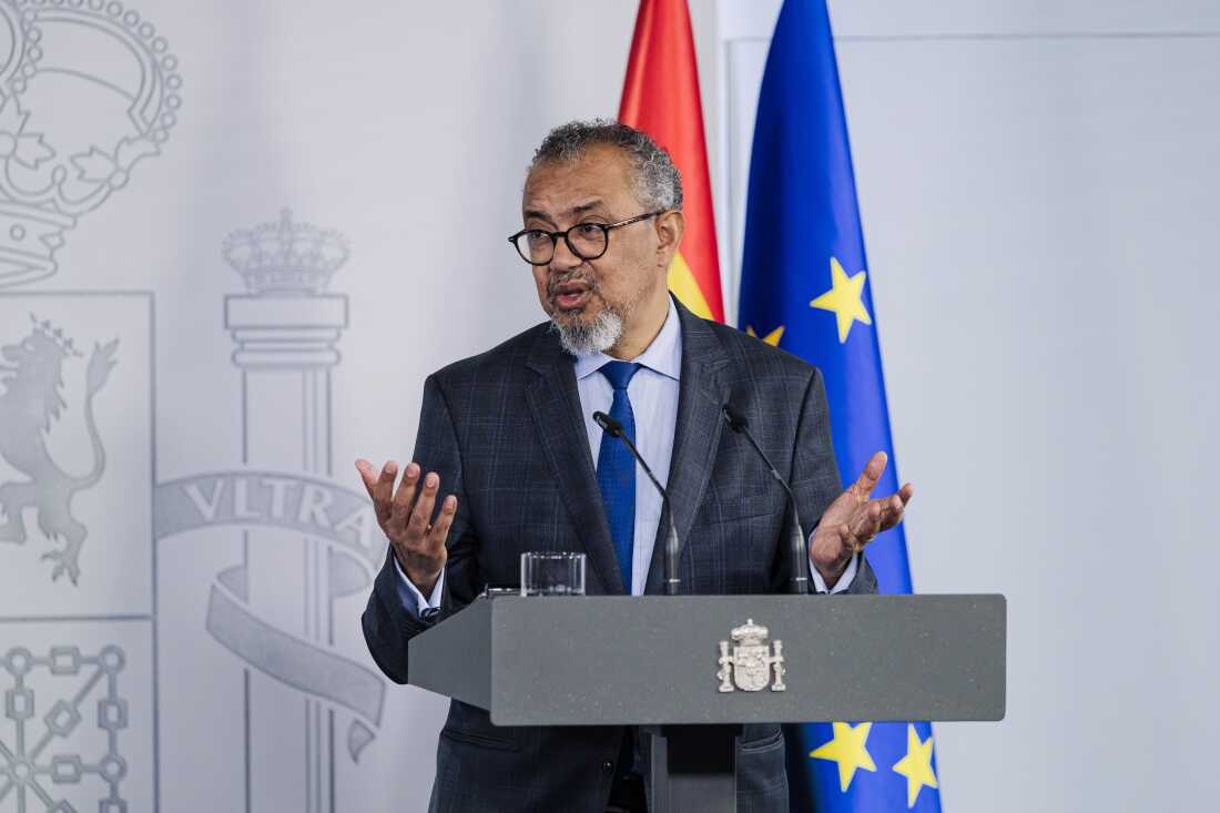 Dünya Sağlık Örgütü (WHO) Genel Direktörü Tedros Adhanom Ghebreyesus, 12 Mayıs 2026 Salı günü Madrid'deki Moncloa Sarayı'nda basın toplantısı düzenliyor.