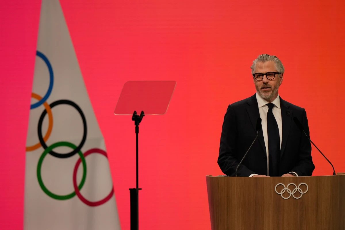 Casey Wasserman, Chairman of the Los Angeles Organizing Committee for the 2028 Olympic and Paralympic Games spoke during an IOC meeting ahead of the 2026 Winter Olympics, in Milan, Italy, Tuesday, Feb. 3.  Wasserman faces calls to step down after it was revealed that he exchanged emails with Epstein collaborator Ghislaine Maxwell.