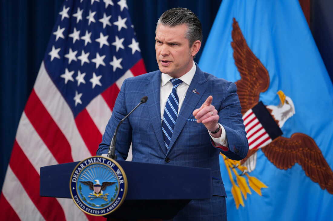 Secretary of Defense Pete Hegseth speaks during a news briefing at the Pentagon on Wednesday. President Trump’s stated goals for the Iran war look mostly unmet.