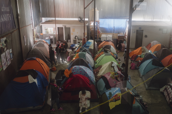 Tents line the grounds of the migrant shelter Juventud 2000 in Tijuana, Mexico, on Dec. 6, 2024. Zaydee Sanchez for NPR