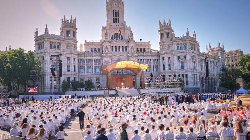 Pope Leo XIV presides over a Mass marking the Catholic feast of Corpus Christi at Plaza de Cibeles in Madrid, Spain, Sunday, June 7, 2026, on the second day of his seven-day apostolic visit to mainland Spain and the Canary Islands. 