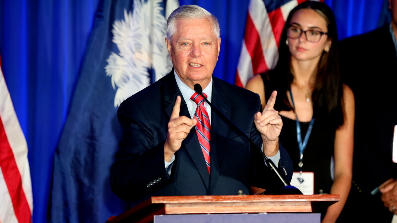 FILE - Republican U.S. Sen. Lindsey Graham speaks after winning the Republican primary on June 9, 2026, in Columbia, S.C.