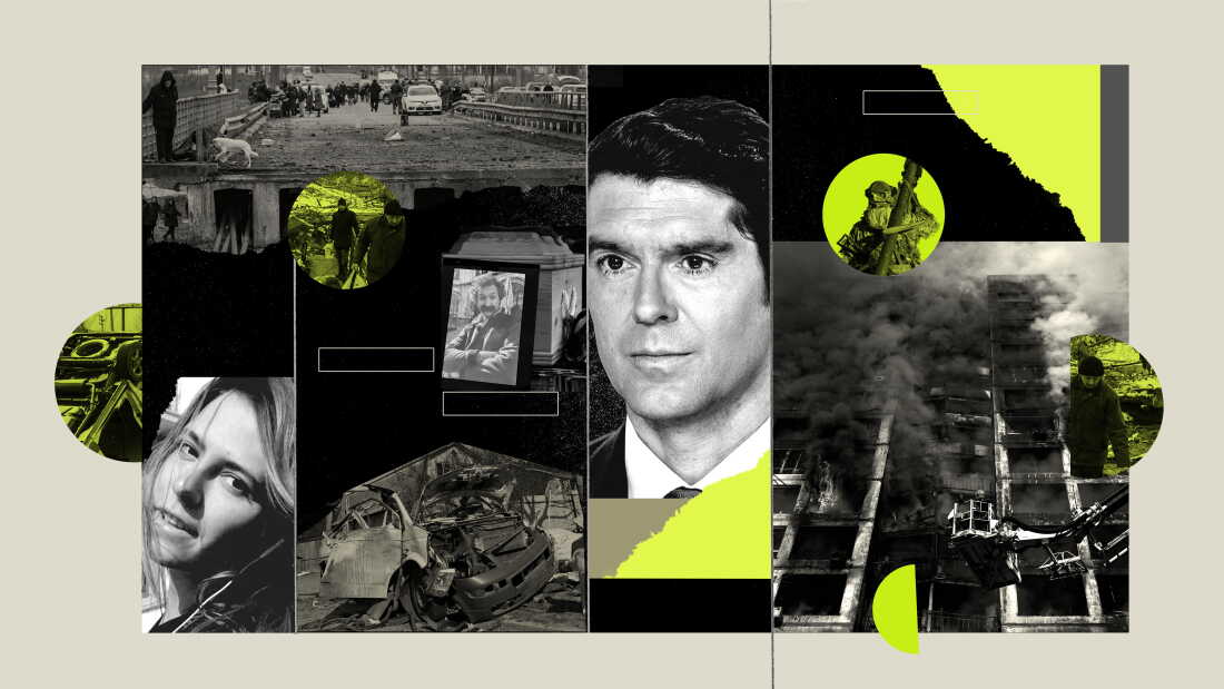 This collage shows Fox News correspondent Benjamin Hall, Oleksandra Kuvshynova and Pierre Zakrzewski's casket, along with photos from the war in Ukraine. All the photos are in black-and-white.