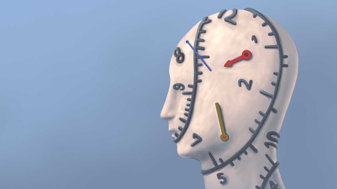 A surreal illustration portrait of a human head with an analog clock wrapped around the face and neck, conceptualizing the idea of time and life.