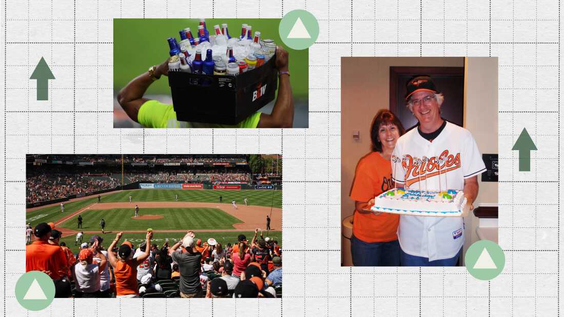 A collage of photos including Baltimore Orioles fans cheering at Camden Yards, a beverage vendor carrying a bucket of beers on his shoulder and a portrait of Bob Hinz and his wife wearing Orioles shirts holding a birthday cake.