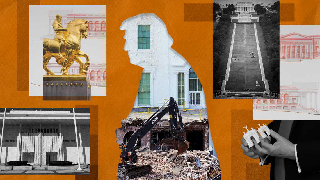 A collage showing President Trump's silhouette with construction of the White House ballroom along with photos of other Washington, D.C., construction projects, including the Kennedy Center, the Lincoln Memorial Reflecting Pool, freshly gold leafed Arts of War statues and Trump holding figurines of his proposed Triumphal Arch.