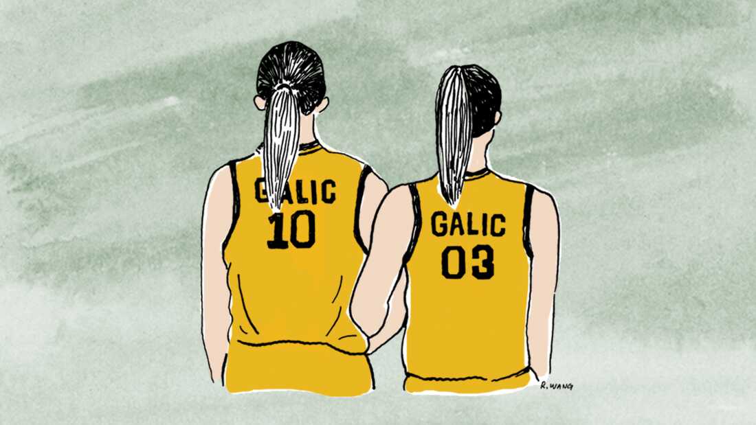This illustration shows twin sisters Marija and Marta Galic in their basketball uniforms, with their backs to the viewer. They are linking arms.