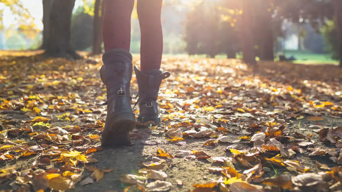 Close up of individual walking on autumn foliage.