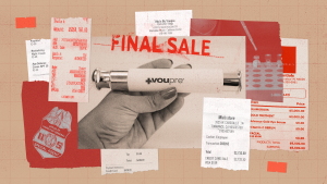 A collage showing receipts for thousands of dollars and a photo of a hand holding a high end cosmetic product by Voupre along with a stamp that reads "Final Sale."