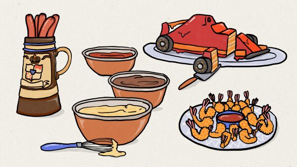 An illustration showing three brown bowls with different colored mixes, a plate with shrimp and cocktail sauce, a cake in the shape of a race car and a mug with hot dogs in it.